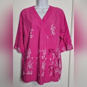 Jamie Leisure Pink Wrap Tunic Top Floral Print Size Large